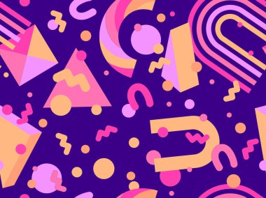 80 'lerin tarzında Memphis elementleriyle geometrik kusursuz desen. Renkli geometrik desen. Promosyon ürünleri tasarımı, ambalaj kağıdı ve baskı. Vektör illüstrasyonu