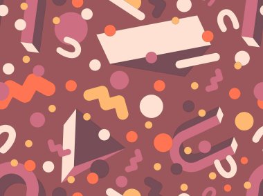 80 'lerin tarzında Memphis elementleriyle geometrik kusursuz desen. Renkli geometrik desen. Promosyon ürünleri tasarımı, ambalaj kağıdı ve baskı. Vektör illüstrasyonu