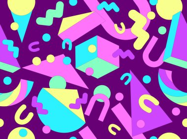 80 'lerin tarzında Memphis elementleriyle geometrik kusursuz desen. Renkli geometrik desen. Promosyon ürünleri tasarımı, ambalaj kağıdı ve baskı. Vektör illüstrasyonu