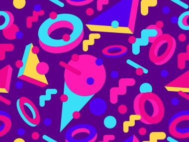 80 'lerin tarzında Memphis elementleriyle geometrik kusursuz desen. Renkli geometrik desen. Promosyon ürünleri tasarımı, ambalaj kağıdı ve baskı. Vektör illüstrasyonu