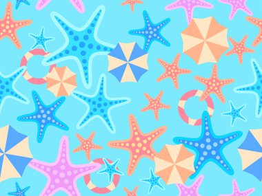 Deniz yıldızları, plaj şemsiyeleri ve yüzmek için şişirilebilir yüzüklerle yaz kumsalında pürüzsüz desen. Yaz zamanı. Duvar kağıtları, ambalajlar, kapaklar, afişler ve posterler için plaj manzarası. Vektör illüstrasyonu