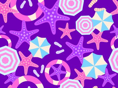 Deniz yıldızları, plaj şemsiyeleri ve yüzmek için şişirilebilir yüzüklerle yaz kumsalında pürüzsüz desen. Yaz zamanı. Duvar kağıtları, ambalajlar, kapaklar, afişler ve posterler için plaj manzarası. Vektör illüstrasyonu