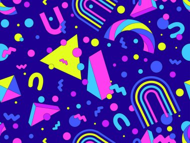 80 'lerin tarzında, geometrik, pürüzsüz desen. İzometrik geometrik şekilli renkli geometrik desen. Promosyon ürünleri, ambalaj kağıdı ve baskı tasarımı