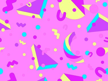 80 'lerin tarzında, geometrik, pürüzsüz desen. İzometrik geometrik şekilli renkli geometrik desen. Promosyon ürünleri, ambalaj kağıdı ve baskı tasarımı