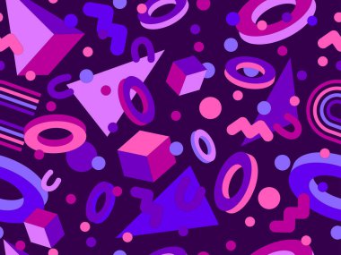 80 'lerin tarzında, geometrik, pürüzsüz desen. İzometrik geometrik şekilli renkli geometrik desen. Promosyon ürünleri, ambalaj kağıdı ve baskı tasarımı