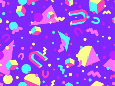 80 'lerin tarzında, geometrik, pürüzsüz desen. İzometrik geometrik şekilli renkli geometrik desen. Promosyon ürünleri, ambalaj kağıdı ve baskı tasarımı