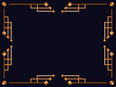 Art deco çerçeve. Klasik doğrusal sınır. Davetiyeler, broşürler ve tebrik kartları için bir şablon tasarla. Geometrik altın çerçeveli. 1920 'lerin tarzı - 1930' lar. Vektör illüstrasyonu