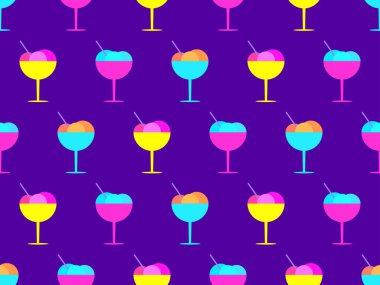 Dondurma, cam gibi bir desen. Kaşıkla bardakta renkli dondurma topları. Duvar kağıtları, ambalajlar, kapaklar, afişler ve posterler tasarla. Vektör illüstrasyonu