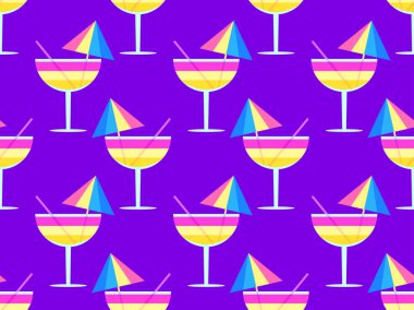 Şemsiyeli ve samansız desenli cam. Bardakta çok renkli bir kokteyl. Bardakta tropik çizgili kokteyl, şemsiye ve pipetle. Pankart ve kapak tasarımı. Vektör illüstrasyonu