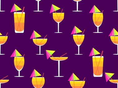 Şemsiyeli ve samansız desenli cam. Bardakta çok renkli bir kokteyl. Bardakta tropik çizgili kokteyl, şemsiye ve pipetle. Pankart ve kapak tasarımı. Vektör illüstrasyonu