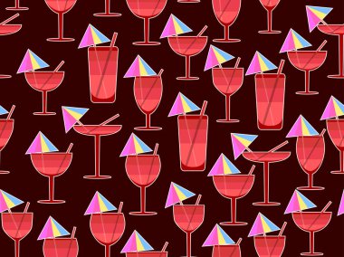 Şemsiyeli ve samansız desenli cam. Beyaz çizgili bardakta çok renkli bir kokteyl. Bardakta tropik çizgili kokteyl, şemsiye ve pipetle. Vektör illüstrasyonu