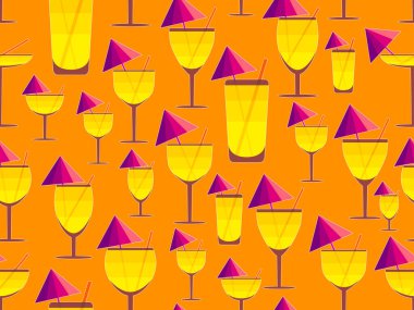 Şemsiyeli ve samansız desenli cam. Beyaz çizgili bardakta çok renkli bir kokteyl. Bardakta tropik çizgili kokteyl, şemsiye ve pipetle. Vektör illüstrasyonu