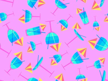 Şemsiyeli ve samansız desenli cam. Beyaz çizgili bardakta çok renkli bir kokteyl. Bardakta tropik çizgili kokteyl, şemsiye ve pipetle. Vektör illüstrasyonu