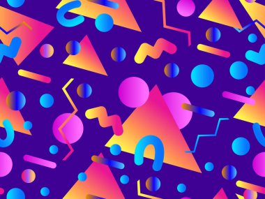 Geometrik gradyan şekilli kusursuz Memphis deseni. 80 'lerin tarzında renkli geometrik desen. Üçgen, daire ve zikzak. Afişler, promosyon ürünleri ve posterler için tasarım. Vektör illüstrasyonu