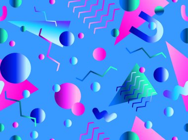 Geometrik gradyan şekilli kusursuz Memphis deseni. 80 'lerin tarzında renkli geometrik desen. Üçgen, daire ve zikzak. Afişler, promosyon ürünleri ve posterler için tasarım. Vektör illüstrasyonu