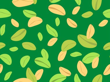 Pistachios pürüzsüz desen. Yeşil fındıklı, fıstıklı ve minimalist tarzda fıstıklı arka plan. Ambalajlar, kapaklar, duvar kağıtları ve afişler için tasarım. Vektör illüstrasyonu