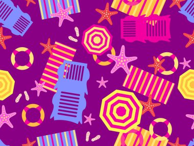 Deniz yıldızları, plaj şemsiyeleri, şişirilebilir yüzükler ve güneş panjurları ile yaz plajında pürüzsüz desen. Duvar kağıtları, ambalajlar, kapaklar, afişler ve posterler için plaj manzarası. Vektör illüstrasyonu