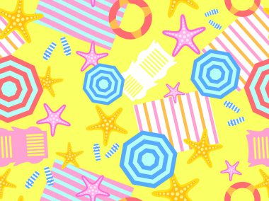 Deniz yıldızları, plaj şemsiyeleri, şişirilebilir yüzükler ve güneş panjurları ile yaz plajında pürüzsüz desen. Duvar kağıtları, ambalajlar, kapaklar, afişler ve posterler için plaj manzarası. Vektör illüstrasyonu