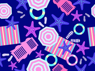 Deniz yıldızları, plaj şemsiyeleri, şişirilebilir yüzükler ve güneş panjurları ile yaz plajında pürüzsüz desen. Duvar kağıtları, ambalajlar, kapaklar, afişler ve posterler için plaj manzarası. Vektör illüstrasyonu