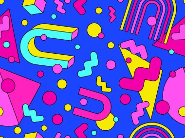 80 'lerin tarzında, geometrik, pürüzsüz desen. İzometrik geometrik şekilli renkli geometrik desen. Promosyon ürünleri tasarımı, ambalaj kağıdı ve baskı. Vektör illüstrasyonu