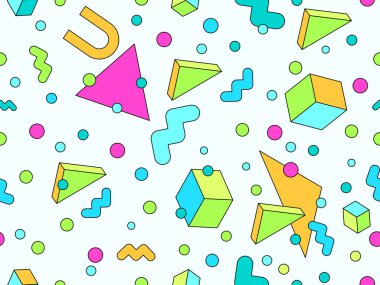 80 'lerin tarzında, geometrik, pürüzsüz desen. İzometrik geometrik şekilli renkli geometrik desen. Promosyon ürünleri tasarımı, ambalaj kağıdı ve baskı. Vektör illüstrasyonu