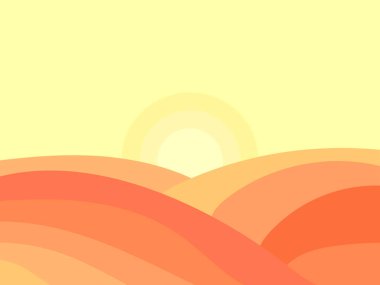 Çöl manzarası, kum tepeleri ve güneş minimalist bir şekilde. Güneşli, dalgalı çöl manzarası. Baskı afişleri, posterler, kitap kapakları için tasarım. Vektör illüstrasyonu