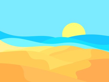 Çölden sahil manzarası. Kum tepeleri, deniz ve güneş. Dalgalı kum tepeleri ve dalgalı deniz manzarası. Manzara minimalist tarzında. Kapaklar, afişler ve posterler için tasarım. Vektör illüstrasyonu