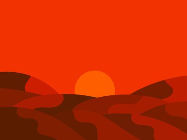 Çöl manzarası, kum tepeleri ve güneş minimalist bir şekilde. Güneşli, dalgalı çöl manzarası. Baskı afişleri, posterler, kitap kapakları için tasarım. Vektör illüstrasyonu