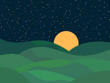 Yıldızlı gökyüzü ve aylı gece manzarası, yeşil çayırlı dalgalı manzara. Gökyüzünde yıldızlar olan tepelik arazinin gece manzarası. Pankart, poster ve kapak baskısı için tasarım. Vektör illüstrasyonu