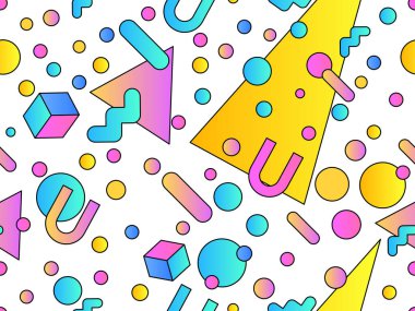 80 'lerin tarzında 3 boyutlu şekilleri olan geometrik dikişsiz desen. Renkli gradyan geometrik desen izometrik tarzda. Promosyon ürünleri tasarımı, ambalaj kağıdı ve baskı. Vektör illüstrasyonu