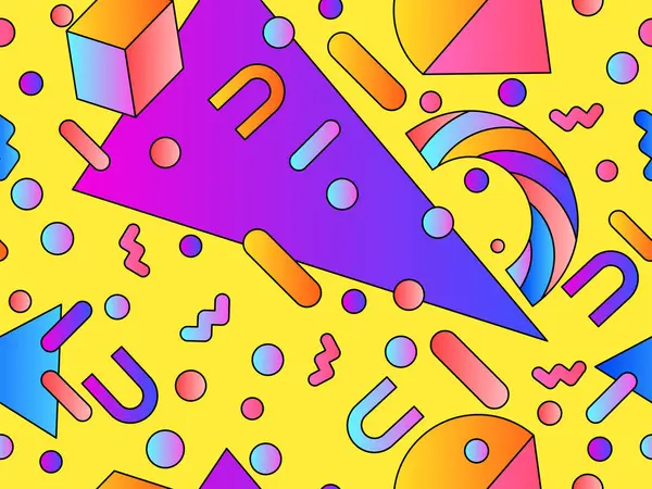 80 'lerin tarzında 3 boyutlu şekilleri olan geometrik dikişsiz desen. Renkli gradyan geometrik desen izometrik tarzda. Promosyon ürünleri tasarımı, ambalaj kağıdı ve baskı. Vektör illüstrasyonu