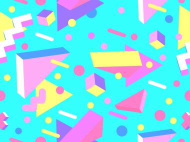 80 'lerin tarzında, geometrik, pürüzsüz desen. İzometrik geometrik şekilli renkli geometrik desen. Promosyon ürünleri tasarımı, ambalaj kağıdı ve baskı. Vektör illüstrasyonu