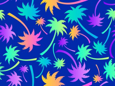 Palmiye ağaçları pürüzsüz. Renkli palmiye ağaçları. Tropikal palmiye desenli bir arka plan. Yaz zamanı. Duvar kağıtları, afişler ve promosyon ürünleri için tasarım. Vektör illüstrasyonu