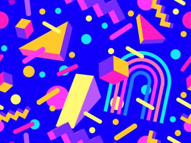 80 'lerin tarzında, geometrik, pürüzsüz desen. İzometrik geometrik şekilli renkli geometrik desen. Promosyon ürünleri tasarımı, ambalaj kağıdı ve baskı. Vektör illüstrasyonu