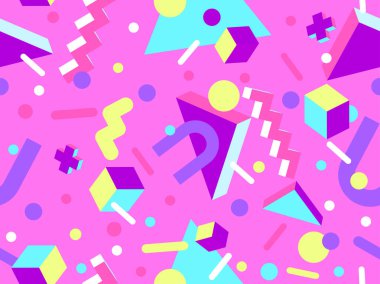 80 'lerin tarzında, geometrik, pürüzsüz desen. İzometrik geometrik şekilli renkli geometrik desen. Promosyon ürünleri tasarımı, ambalaj kağıdı ve baskı. Vektör illüstrasyonu