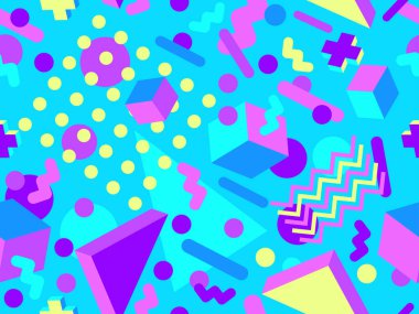 80 'lerin tarzında, geometrik, pürüzsüz desen. İzometrik geometrik şekilli renkli geometrik desen. Promosyon ürünleri tasarımı, ambalaj kağıdı ve baskı. Vektör illüstrasyonu