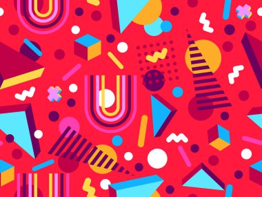 80 'lerin tarzında, geometrik, pürüzsüz desen. İzometrik geometrik şekilli renkli geometrik desen. Promosyon ürünleri tasarımı, ambalaj kağıdı ve baskı. Vektör illüstrasyonu