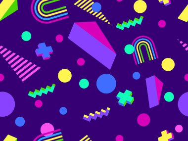 80 'lerin tarzında, geometrik, pürüzsüz desen. İzometrik geometrik şekilli renkli geometrik desen. Promosyon ürünleri tasarımı, ambalaj kağıdı ve baskı. Vektör illüstrasyonu