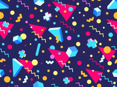 80 'lerin tarzında, geometrik, pürüzsüz desen. İzometrik geometrik şekilli renkli geometrik desen. Promosyon ürünleri tasarımı, ambalaj kağıdı ve baskı. Vektör illüstrasyonu