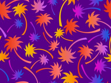 Palmiye ağaçları pürüzsüz. Renkli palmiye ağaçları. Tropikal palmiye desenli bir arka plan. Yaz zamanı. Duvar kağıtları, afişler ve promosyon ürünleri için tasarım. Vektör illüstrasyonu