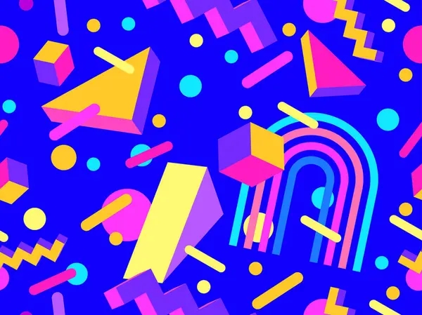 80 'lerin tarzında, geometrik, pürüzsüz desen. İzometrik geometrik şekilli renkli geometrik desen. Promosyon ürünleri tasarımı, ambalaj kağıdı ve baskı. Vektör illüstrasyonu