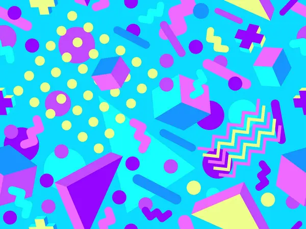 80 'lerin tarzında, geometrik, pürüzsüz desen. İzometrik geometrik şekilli renkli geometrik desen. Promosyon ürünleri tasarımı, ambalaj kağıdı ve baskı. Vektör illüstrasyonu