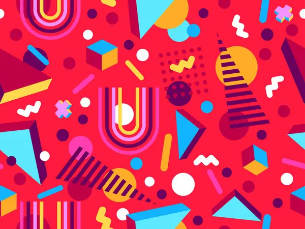 80 'lerin tarzında, geometrik, pürüzsüz desen. İzometrik geometrik şekilli renkli geometrik desen. Promosyon ürünleri tasarımı, ambalaj kağıdı ve baskı. Vektör illüstrasyonu