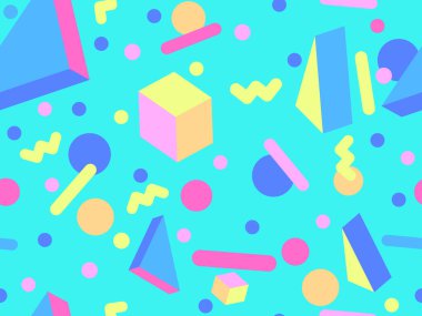 80 'lerin tarzında, geometrik, pürüzsüz desen. İzometrik geometrik şekilli renkli geometrik desen. Promosyon ürünleri tasarımı, ambalaj kağıdı ve baskı. Vektör illüstrasyonu