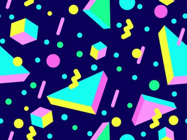 80 'lerin tarzında, geometrik, pürüzsüz desen. İzometrik geometrik şekilli renkli geometrik desen. Promosyon ürünleri tasarımı, ambalaj kağıdı ve baskı. Vektör illüstrasyonu