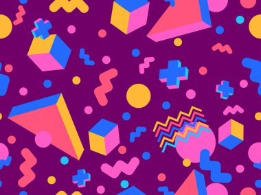 80 'lerin tarzında, geometrik, pürüzsüz desen. İzometrik geometrik şekilli renkli geometrik desen. Promosyon ürünleri tasarımı, ambalaj kağıdı ve baskı. Vektör illüstrasyonu