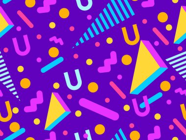 80 'lerin tarzında, geometrik, pürüzsüz desen. İzometrik geometrik şekilli renkli geometrik desen. Promosyon ürünleri tasarımı, ambalaj kağıdı ve baskı. Vektör illüstrasyonu