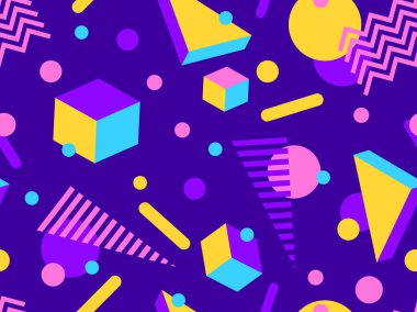 80 'lerin tarzında, geometrik, pürüzsüz desen. İzometrik geometrik şekilli renkli geometrik desen. Promosyon ürünleri tasarımı, ambalaj kağıdı ve baskı. Vektör illüstrasyonu