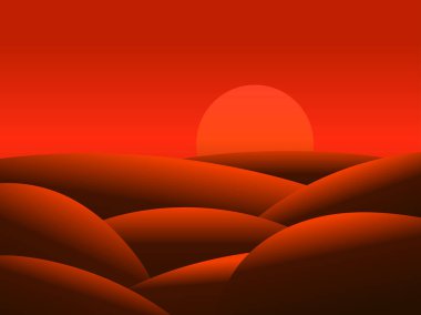 Çölde gün batımı manzarası. Kum tepelerinin üzerinde yükselen manzara güneşi. Minimalist bir tarzda çölde gün doğumu. Kapak tasarımı, posterler, afişler ve broşürler. Vektör illüstrasyonu