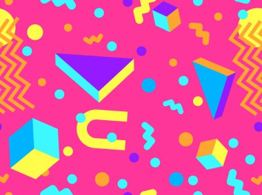 80 'lerin tarzında, geometrik, pürüzsüz desen. İzometrik geometrik şekilli renkli geometrik desen. Promosyon ürünleri tasarımı, ambalaj kağıdı ve baskı. Vektör illüstrasyonu